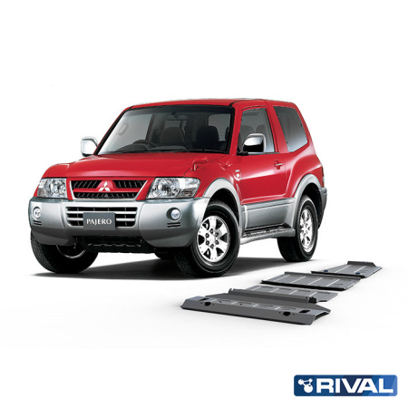 Juego de protecciones (radiador, cárter, caja de cambios, columna de timón) Mitsubishi Pajero 2006-2011; 2011-2014; 2014-2022; 3,2 l. / gasolina; 3 l. / gasolina; 3,8 l. / gasolina; 3,2 l. / diesel